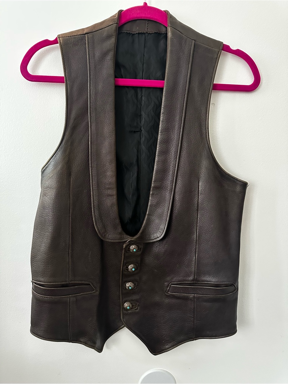 Vintage Brown Leather Vest with real turquoise buttons and deep Shawl Collar